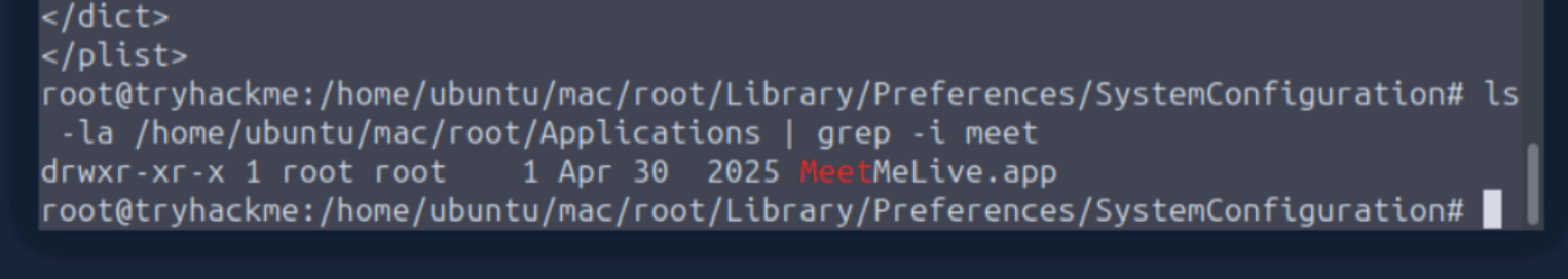 ls output of Applications directory filtered to MeetMeLive.app